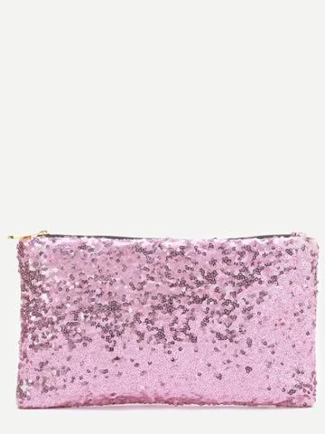 Romwe Pink Sequin Clutch Bag With Leopard Lining
