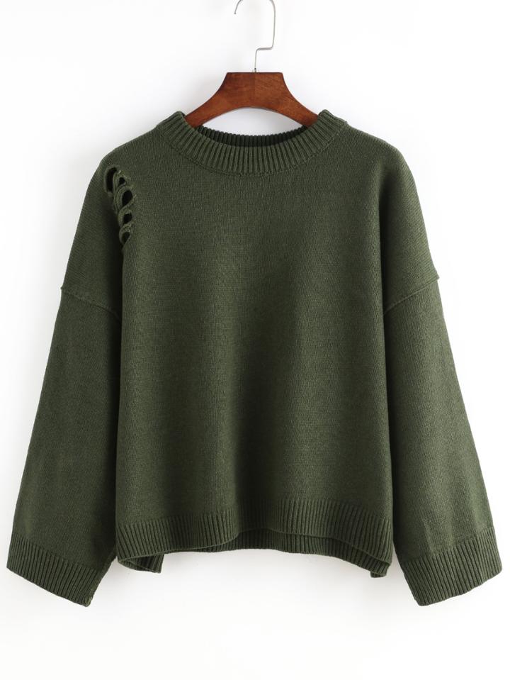 Romwe Women Ripped Loose Green Sweater