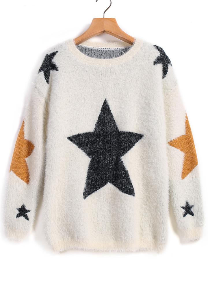 Romwe Stars Print Knit Mohair Sweater