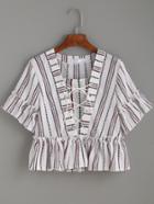 Romwe White Vertical Striped Print Lace Up Ruffle Top