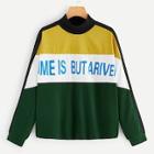 Romwe Mock-neck Color Block Lettering Sweatshirt