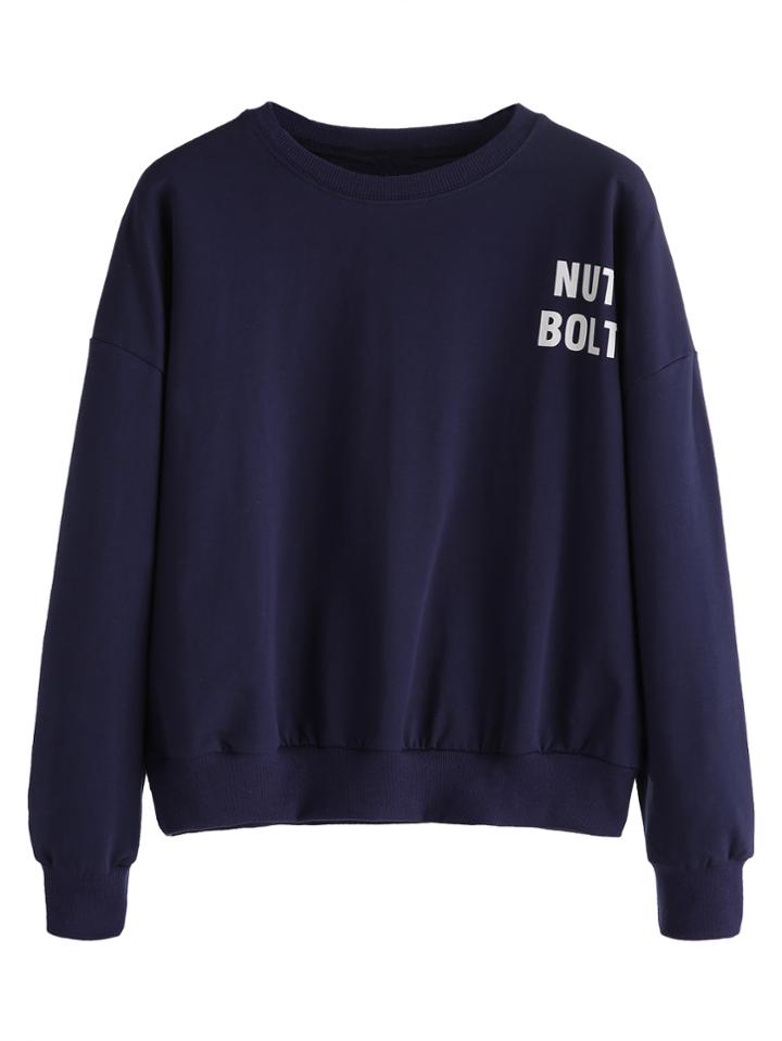 Romwe Navy Letters Print Sweatshirt With Patch Back
