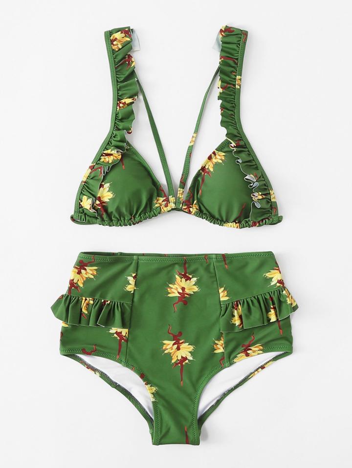 Romwe Figure Print Ruffle Bikini Set