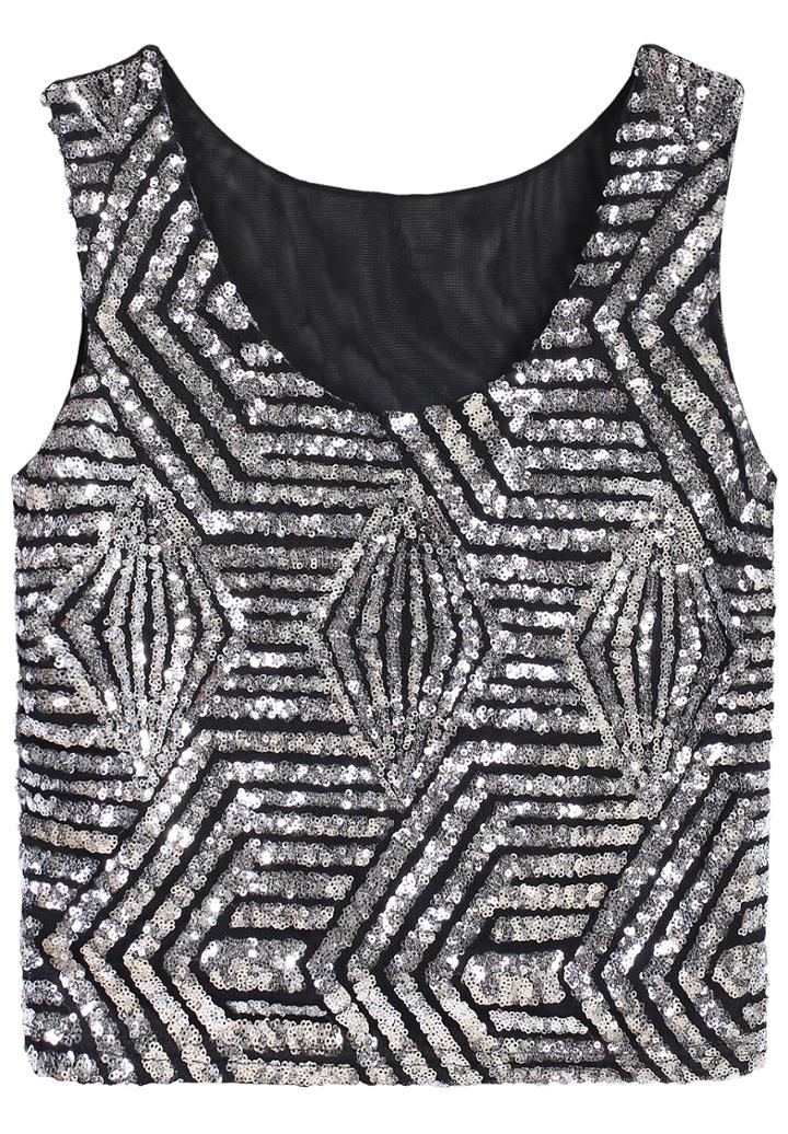 Romwe Sleeveless Sequined Geometric Silver Vest