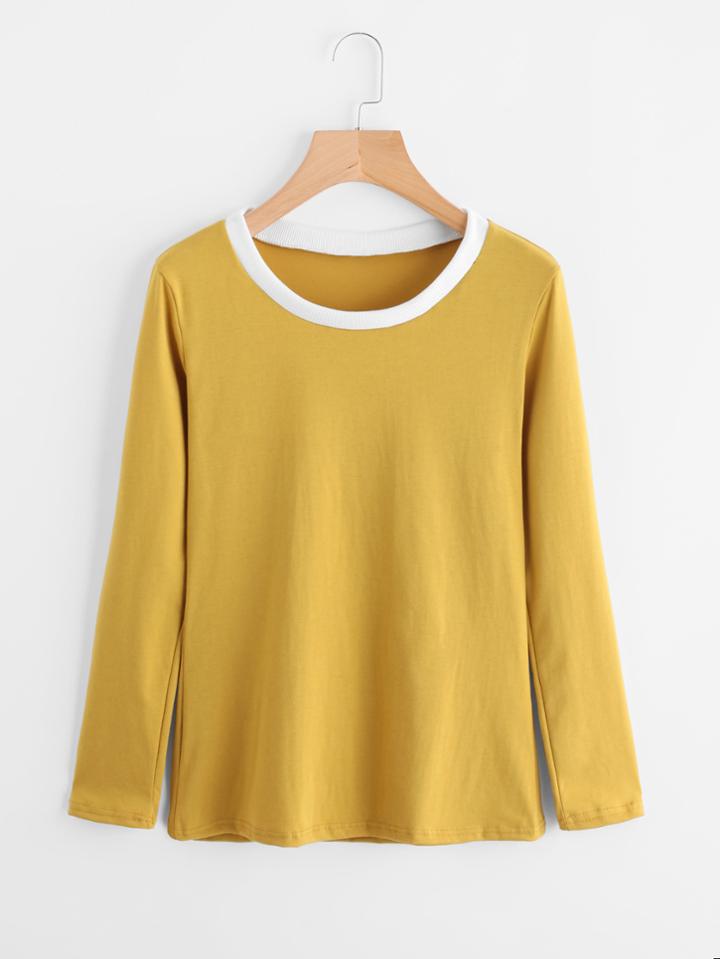 Romwe Round Neck Contrast Trim Tee