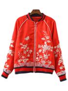 Romwe Red Long Sleeve Zipper Front Embroidery Jacket