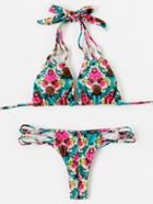 Romwe Calico Print Strappy Bikini Set