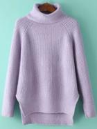 Romwe Turtleneck Dip Hem Split Side Purple Sweater