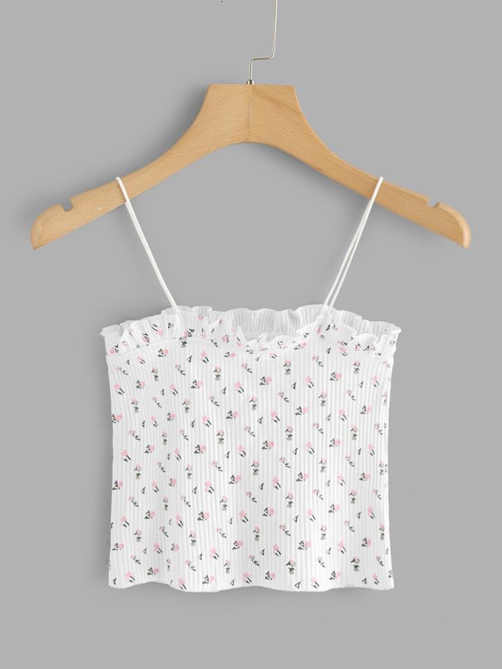 Romwe Frill Trim Calico Print Cami Top