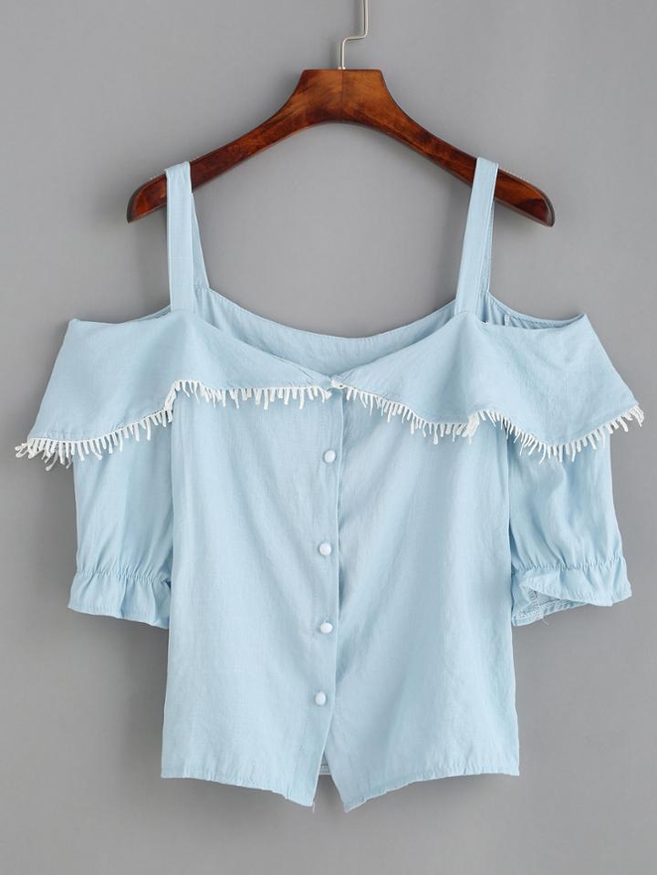 Romwe Blue Fold Over Buttoned Front Cold Shoulder Blouse