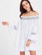 Romwe Shirred Neck And Bell Cuff Striped Trapeze Dress