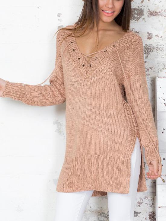 Romwe V Neck Lace Up Split Sweater