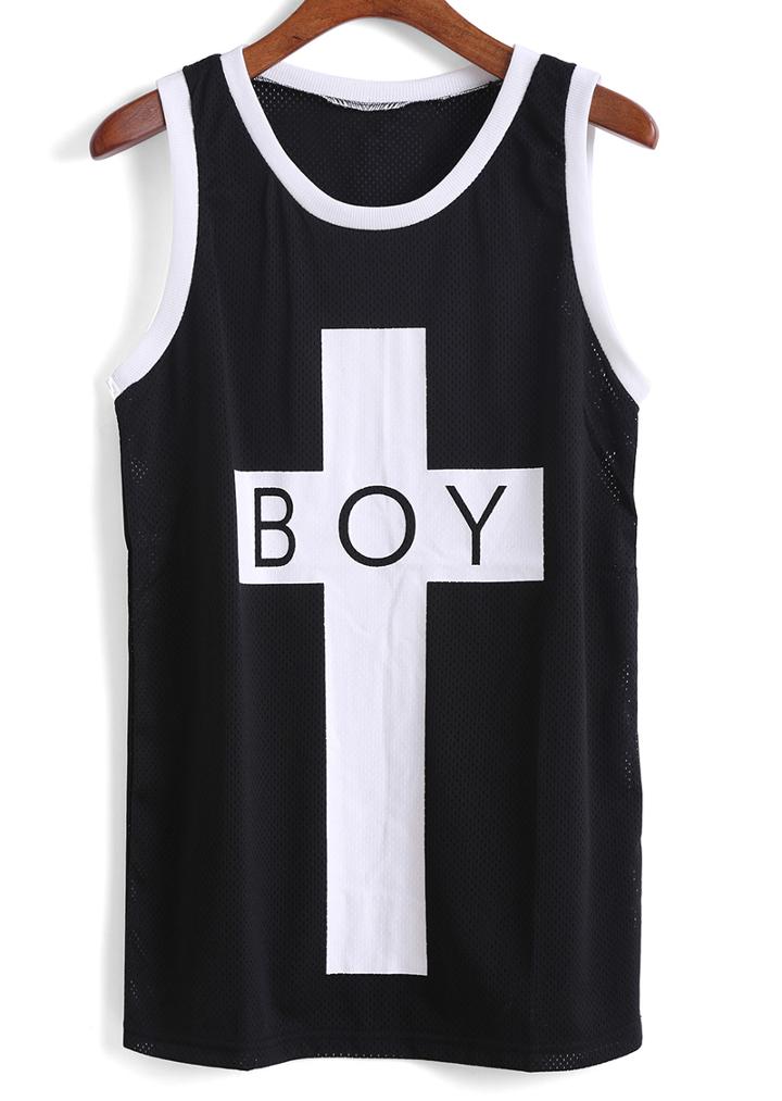 Romwe Cross Print Black Tank Top