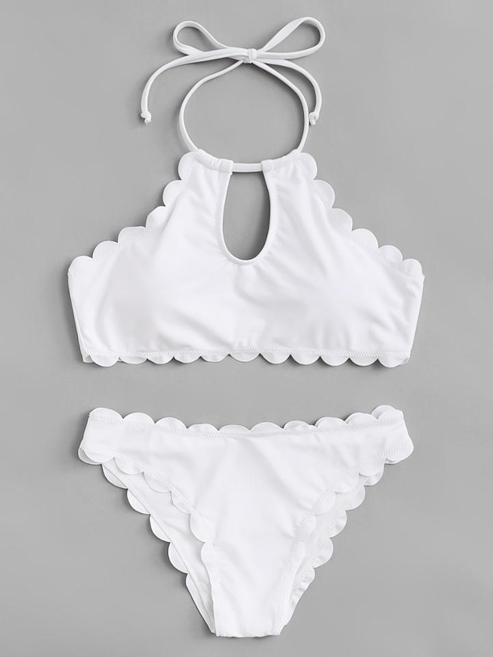 Romwe Keyhole Halter Scalloped Bikini Set