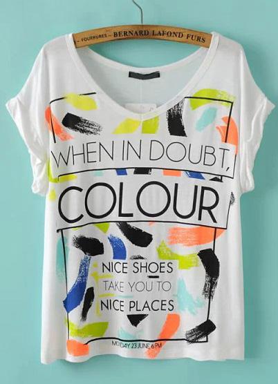 Romwe White V Neck Graffiti Letters Print T-shirt