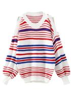 Romwe Red Striped Open Shoulder Sweater