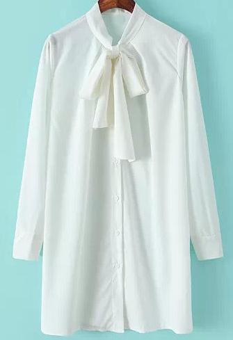 Romwe White Tie Neck Long Sleeve Loose Blouse