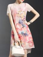 Romwe Pink Crew Neck Print High Low Dress