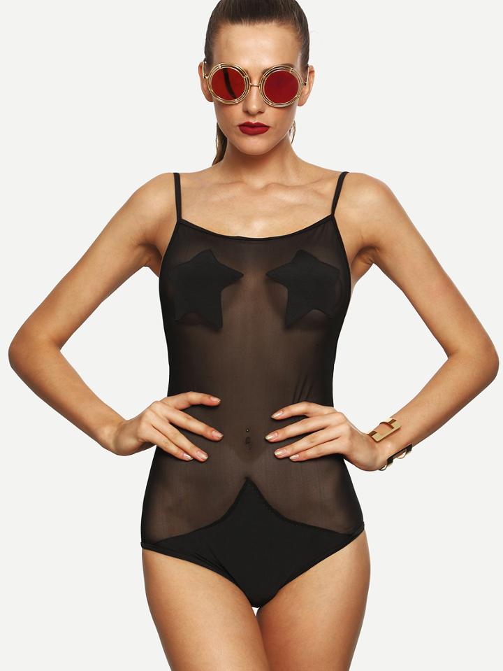 Romwe Black Backless Mesh One-piece Swimwear