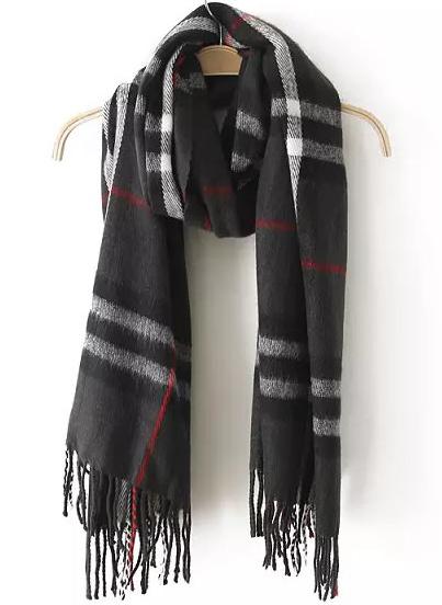 Romwe Check Print Tassel Knit Scarf-black