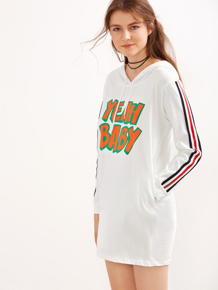 Romwe White Letter Print Striped Drawstring Hooded Sweatshirt Dress