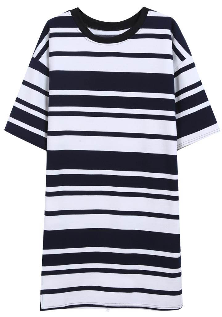 Romwe Round Neck Striped Blue And White Dress