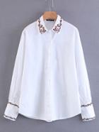 Romwe Flower Embroidered Trim Blouse