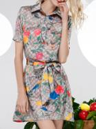 Romwe Green Lapel Tie-waist Floral Dress