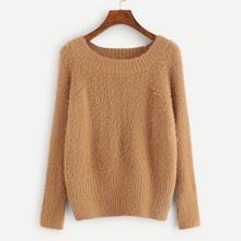 Romwe Plus Round Neck Solid Fuzzy Jumper