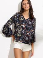 Romwe V Neck Bell Sleeve Florals Cut Out Back Blouse