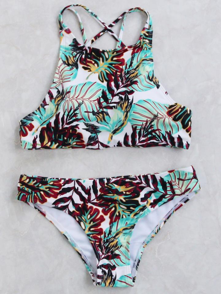 Romwe Multicolor Printed Cross Back Bikini Set