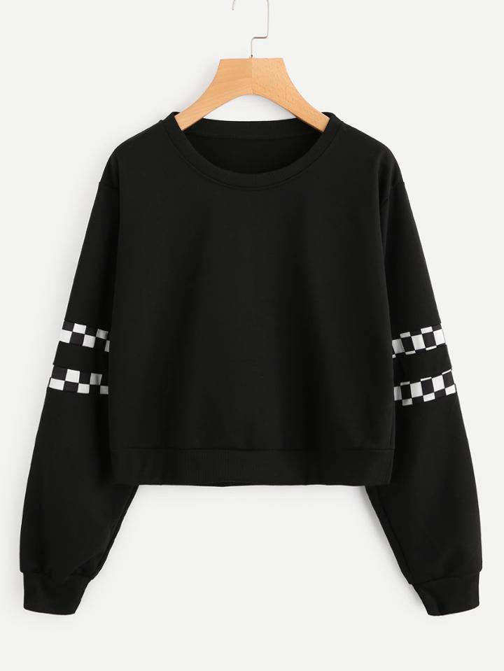 Romwe Checked Panel Sleeve Sweatshirt