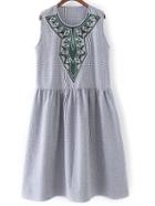 Romwe Black And White Sleeveless Plaid Embroidery Elastic Waist Dress