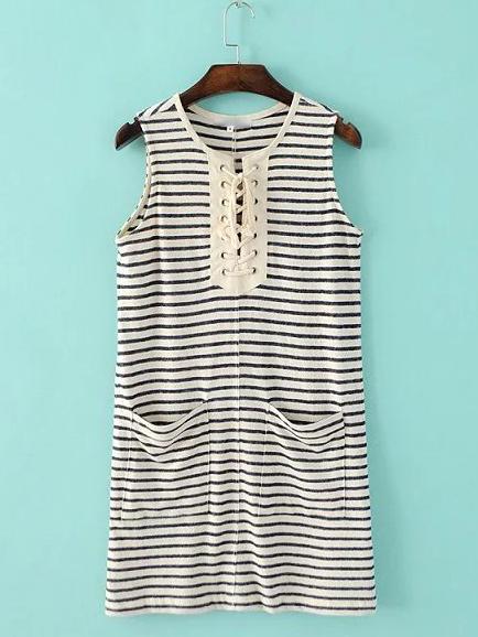 Romwe Multicolor Sleeveless Lace Up Pocket Stripe Dress