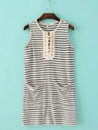 Romwe Multicolor Sleeveless Lace Up Pocket Stripe Dress