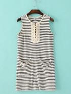 Romwe Multicolor Sleeveless Lace Up Pocket Stripe Dress