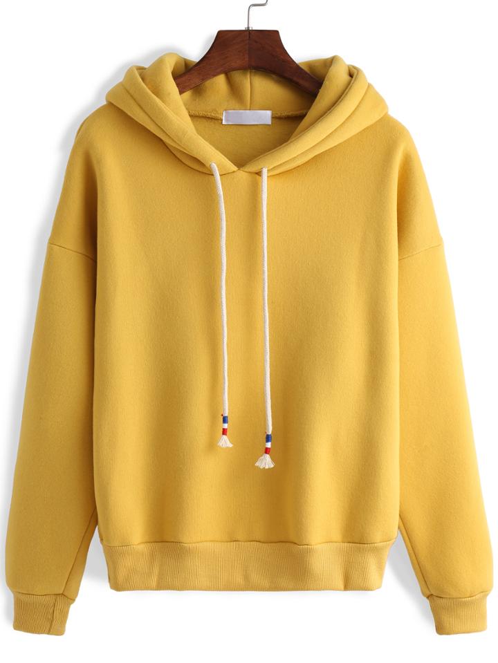 Romwe Hooded Zipper Loose Yellow Sweatshirt