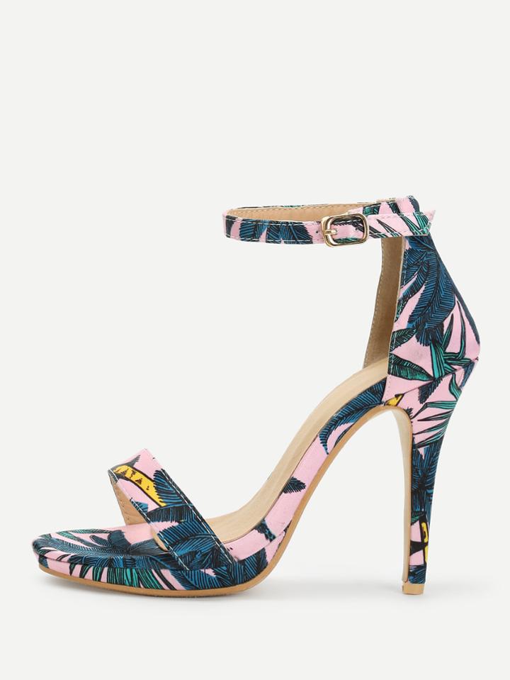 Romwe Leaf Print Ankle Strap Heeled Sandals