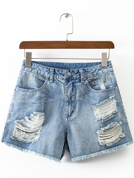 Romwe Blue Ripped Raw-edge Hem Pockets Denim Shorts
