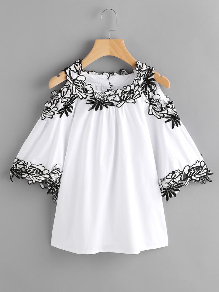 Romwe Open Shoulder Applique Trim Top