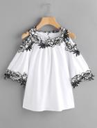 Romwe Open Shoulder Applique Trim Top
