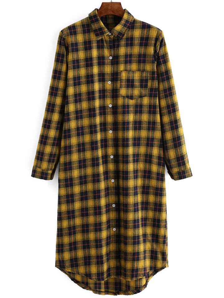 Romwe High Low Plaid Blouse With Pocket