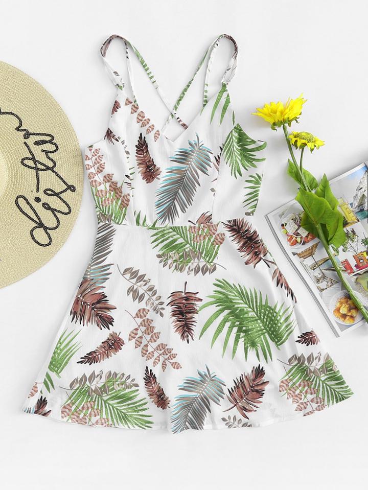 Romwe Leaf Print Criss Cross Back Cami Dress