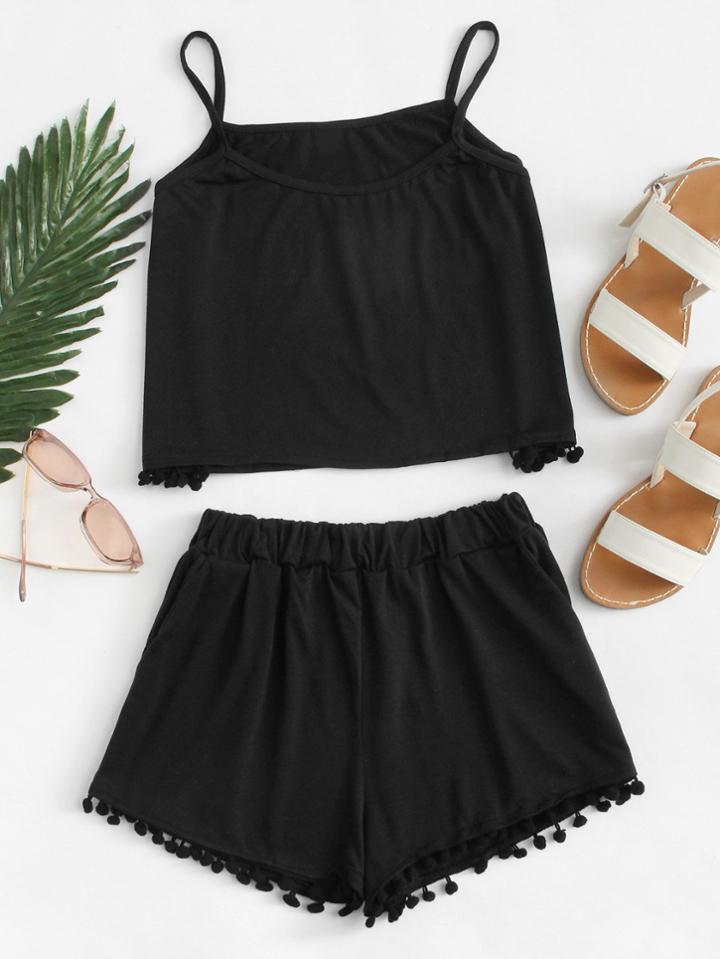 Romwe Pom Pom Trim Cami Top With Shorts
