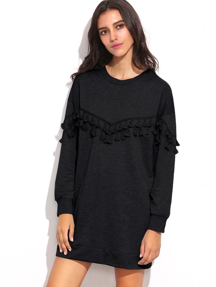 Romwe Black Drop Shoulder Tassel Trim Sweatshirt Dress