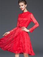Romwe Red Round Neck Long Sleeve Tie-waist Lace Dress