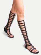 Romwe Black Peep Toe Knee High Gladiator Sandals