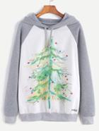 Romwe Color Block Christmas Tree Print Hooded Sweatshirt