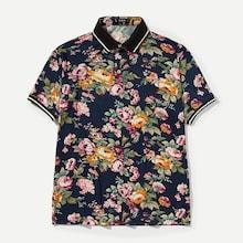 Romwe Guys Floral Print Striped Trim Polo Shirt