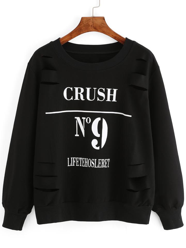 Romwe Letter Print Cut Out Black Sweatshirt
